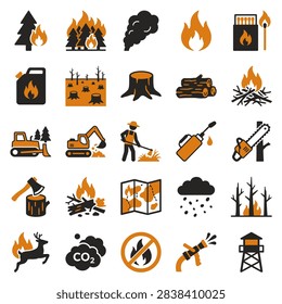 Wildfire and forest fire vector icon set with burning trees, smoke, firefighting, prevention, monitoring and emergency response symbols.