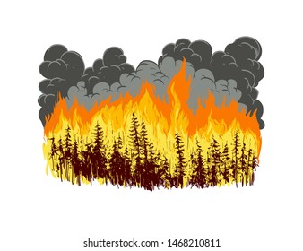 Wildfire In Forest. Hand Drawn Vector Illustration. 