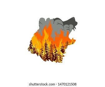 Wildfire in forest. 
Illustration of a forest fire in the shape of a bear head. Hand drawn vector sketch.