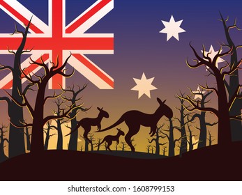 Wildfire Forest And Kangaroo With Australia Flag,vector Illustration