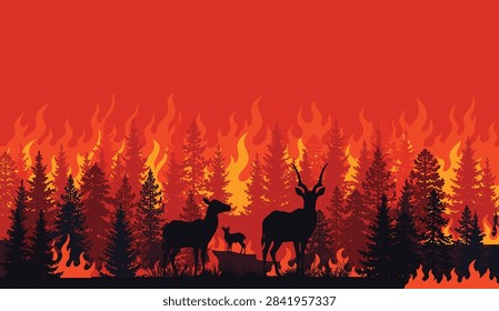 Wildfire Forest Landscape with deer and Fallen Tree