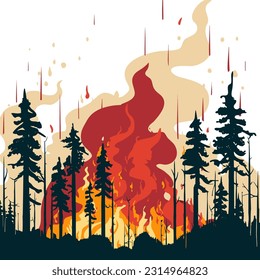 Wildfire in forest. Trees about to burn. Hand drawn vector illustration.