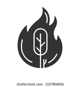 Wildfire glyph icon. Burning tree. Natural disaster. Ecological problem. Human negligence, arson. Environmental protection. Silhouette symbol. Negative space. Vector isolated illustration