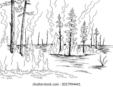 Wildfire-Grafik, schwarz-weißer Waldbrand-Skizze, Vektorgrafik 