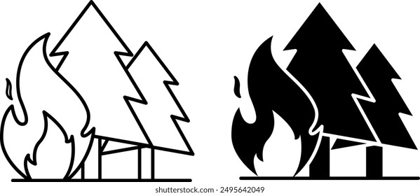 Wildfire Icons. Black and White Vector Icons. Bonfire and Trees. Danger to Nature. Ecological Problem. Climate Change Concept
