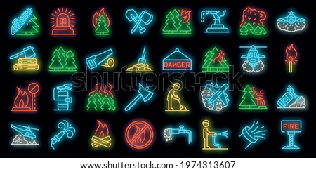 Wildfire icons set. Outline set of wildfire vector icons neon color on black