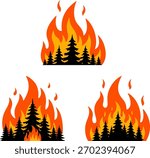Wildfire illustration set. 3 variations of big fire and tree silhouette. Natural disaster warning.
