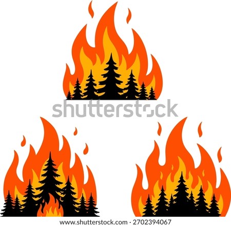 Wildfire illustration set. 3 variations of big fire and tree silhouette. Natural disaster warning.
