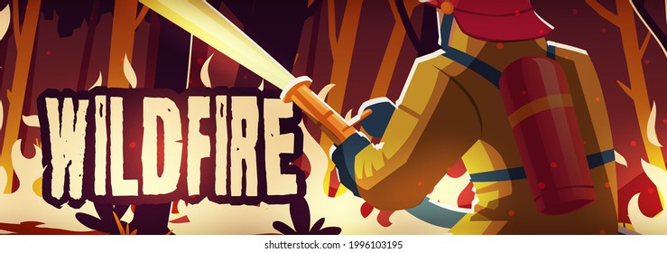 Wildfire landing page with burning forest and fireman at night. Vector banner of wild nature disaster with cartoon illustration of man extinguishes flame in woods with burning trees and grass