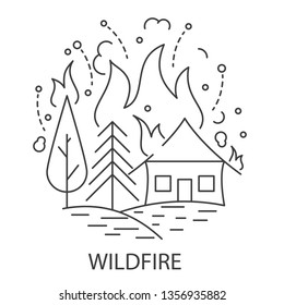 Wildfire Natural Disaster banner in linear style. Compositions of wild fire disaster. Vector illustration.