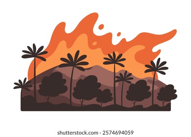 Wildfire, natural disaster. Cataclysm, catastrophe, destruction of nature. Forest in flame, dry weather, danger of drought. Vector illustration in flat style