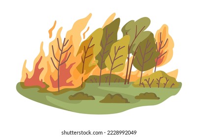 Wildfire natural disaster and catastrophe, burning forest and woods. Trees and bushes in flame, climate change and nature cataclysm. Vector in flat style