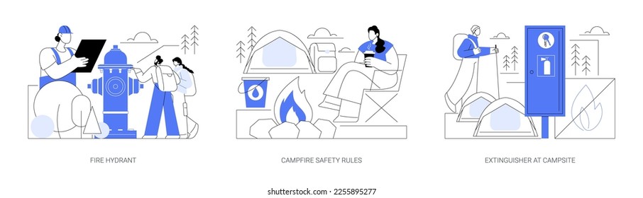 Wildfire prevention abstract concept vector illustration set. Fire hydrant, campfire safety rules, extinguisher at campsite, tourist safety, environmental problem prevention abstract metaphor.