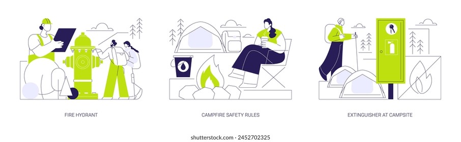 Wildfire prevention abstract concept vector illustration set. Fire hydrant, campfire safety rules, extinguisher at campsite, tourist safety, environmental problem prevention abstract metaphor.