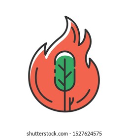 Wildfire red color icon. Burning tree. Natural disaster. Ecological problem. Human negligence, arson. Environmental protection. Danger of fire in forest. Isolated vector illustration