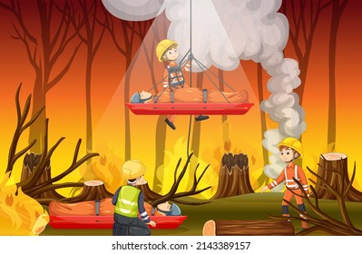 Wildfire scene with firerman rescue in cartoon style illustration