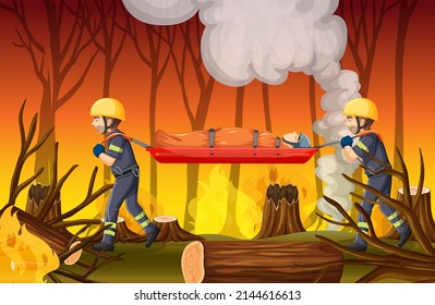 Wildfire scene with firerman rescue in cartoon style illustration