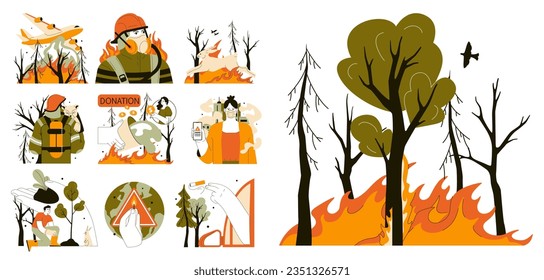 Wildfire set. Burning forest trees, dangerous and harmfull nature disaster. Firefighter in protective clothing and helmet, aircraft and volunteer extinguishing woods fire. Flat vector illustration