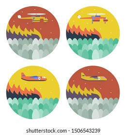 Wildfire set of illustrations with helicopter and airplane over the fire. Round pictures for print and web design.