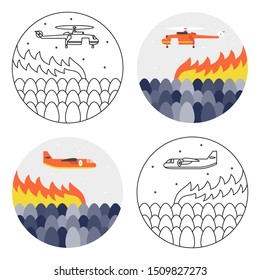 Wildfire set of illustrations with helicopter and airplane over the fire. Round pictures for print and web design in linear and flat color styles.