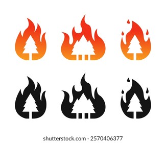 Wildfire silhouette, wildfire icon, tree on fire logo symbol. Burning forest set vector illustration