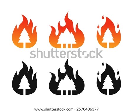 Wildfire silhouette, wildfire icon, tree on fire logo symbol. Burning forest set vector illustration
