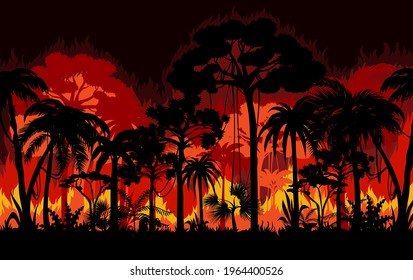 Wildfire in tropical forest vector background. Fire in jungles, ecological or natural disaster and climate changes effects, bushfire, environmental cataclysm. Trees and shrubs silhouettes in fire