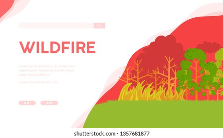 Wildfire vector landing page template. Burning forest flat illustration. Firefighting web banner design. Behavior rules in forest informative article, website layout. Ecological problem