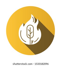 Wildfire yellow flat design long shadow glyph icon. Burning tree. Natural disaster. Ecological problem. Human negligence, arson. Danger of fire in forest. Vector silhouette illustration