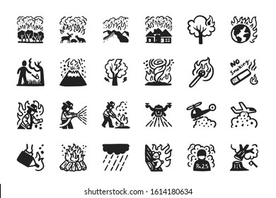 Wildfire,Forest Fire Hand Drawn Icon Set. Pray For Australia.