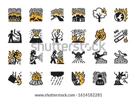 Wildfire,Forest fire Hand drawn Icon set. Pray for australia. Yellow, black