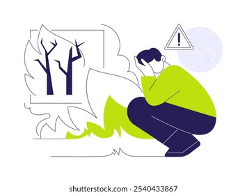 Ilustración vectorial de concepto abstracto de incendios forestales. Hombre molesto mirando el fuego, calor extremo, ecología, problema ambiental, consecuencias del cambio climático, metáfora abstracta de hierba ardiente.