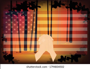 Wildfires in Angeles National Forest California, USA, Pray for California with Parying hands on the united states of america national flag and forest fire background, Save USA concept, sign symbol.