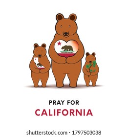 Wildfires in California, USA, Pray for California. With three brown bears embracing the heart of the national flag Maps and trees. Vector EPS10 
