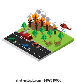 wildfires disaster isometric with firetruck, car, helicopter and animal vector illustration