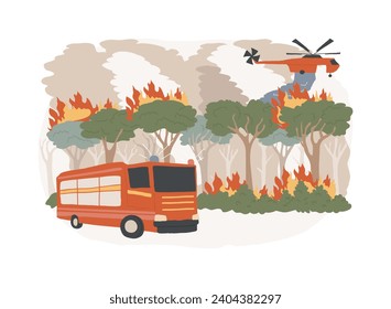 Wildfires isolated concept vector illustration. Forest fires, firefighting, wildfires cause, wild animals loss, global warming consequence, natural disaster, hot temperature vector concept.