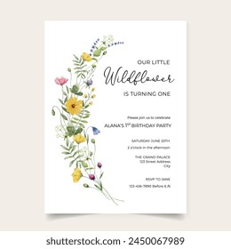 Wildflower 1st Invitation Birthday Template, Girl First Birthday Invitation	