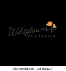 Wildflower acupuncture logo with yellowish 2 flowers and stem. black background branding concept element