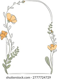 Wildflower arch frame with delicate blooms, curved border, and airy whitespace in hand drawn linework. Symbol of romance, invitation, and elegance for bridal stationery. Cartoon vector illustration.