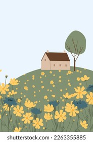 wildflower background clipart, cottagecore country landscape illustration, printable card clip art, vector images in flat cartoon style.