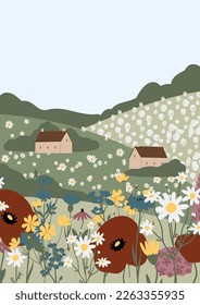 Videokunst mit Wildblumen, codescore Landschaftsbild, druckbare Kartenklammer, Vektorgrafiken im flachen Cartoon-Stil.