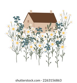 wildflower background clipart, woman illustration card, cottagecore country landscape print clip art, vector girl images in flat cartoon style.
