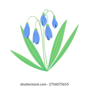 Wildflower bell bloom cluster with drooping petals and long lance leaves in hand drawn style. Symbol of spring growth, nature purity, and gentle calm. Cartoon vector illustration.