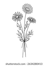 Wildflower black line art bouquet on white background. Hand drawn flowers, meadow herbs, wild plants, and botanical elements for design projects. Vector illustration