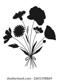 Wildflower black silhouette bouquet. Hand drawn flowers, meadow herbs, wild plants, and botanical elements for design projects. Vector illustration