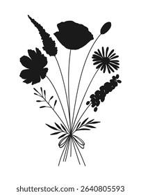 Wildflower black silhouette bouquet on white background. Hand drawn flowers, meadow herbs, wild plants, and botanical elements for design projects. Vector illustration