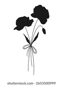 Wildflower black silhouette bouquet on white background. Hand drawn flowers, meadow herbs, wild plants, and botanical elements for design projects. Vector illustration