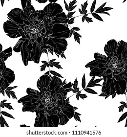Wildflower black white line peony flower seamless pattern isolated on white background.  Wild flower for background, texture, wrapper pattern, frame or border, invitation or textile. Vintage style.
