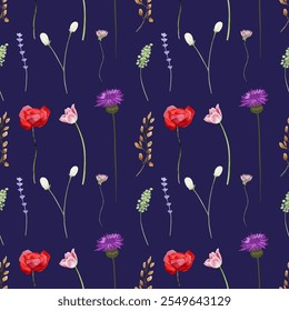 Wildflower bliss watercolor pattern with hand-painted watercolor wildflowers in a variety of colors. Perfect for crafts and more. Flower pattern, vintage illustration, hand-painted,template background