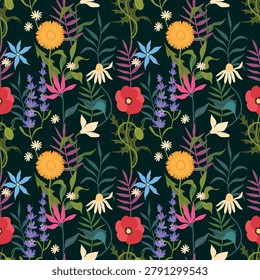 Wildflower botanical seamless pattern. Meadow flowers and plants. Hand drawn vector illustration.